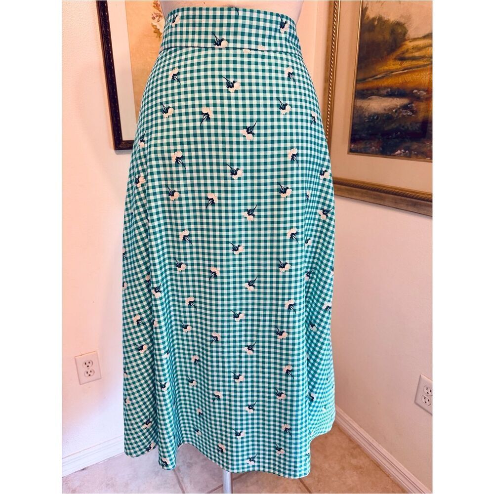 ANN TAYLOR Factory Green/White Checker Floral Tie-Waist Skirt Size 12 - Picture 10 of 15